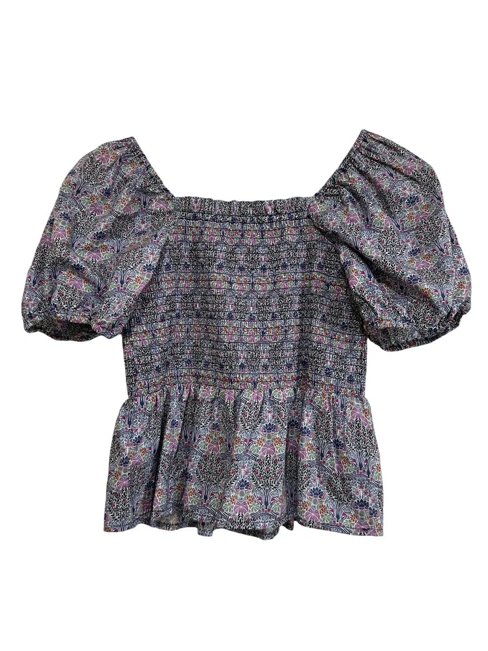 J. Crew Liberty Fabric Smocked Square Neck Puff Sleeve Floral Peplum Top Large